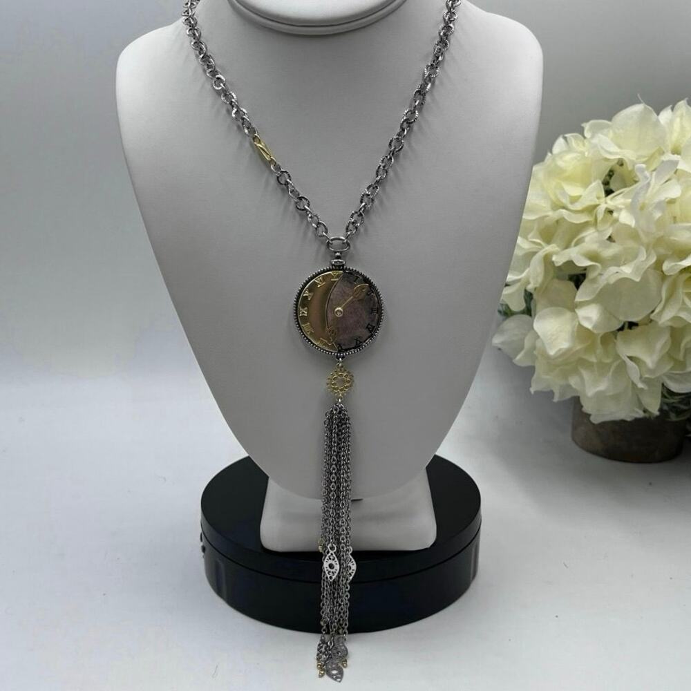Chico’s Mixed Metal Tassel Faux Watch Face Clock Pendant‎ Y Necklace  New